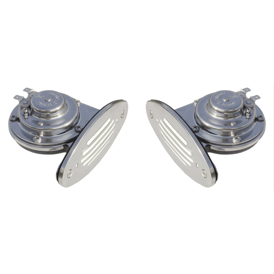 Schmitt Marine Mini Stainless Steel Dual DropIn Horn wStainless Steel Grills High  Low Pitch 10055