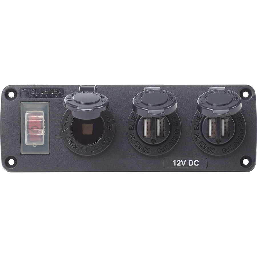 Blue Sea 4365 Water Resistant USB Accessory Panel  15A Circuit Breaker 12V Socket 2x 21A Dual USB Chargers 4365
