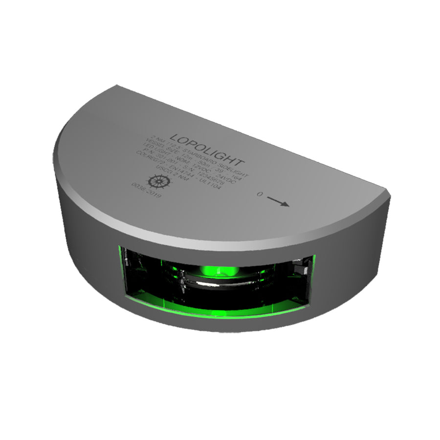 Lopolight Series 301001  Starboard Sidelight  2NM  Vertical Mount  Green  Silver Housing 301001